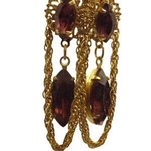 Vintage Clip-On Drop Earrings/ Cut Red Stones/ Goldtone Chains